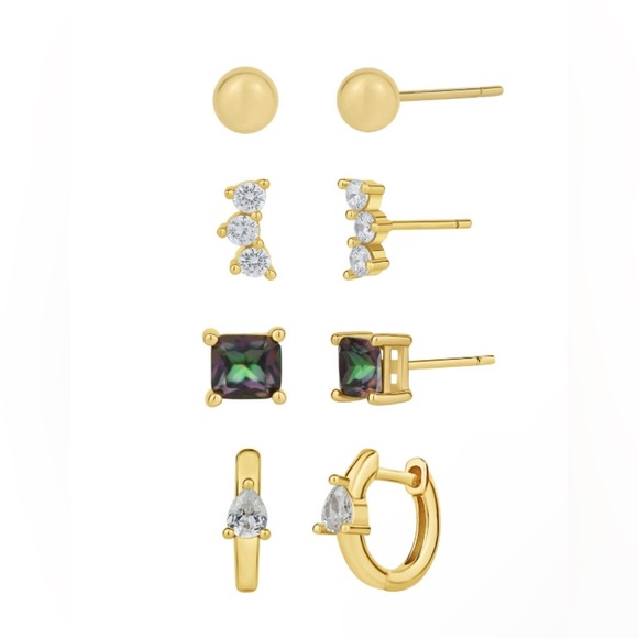 NWT And Now This Cubic Zirconia 18K Gold Plated Four Pair Earring Set - Gold Pl - Picture 2 of 4